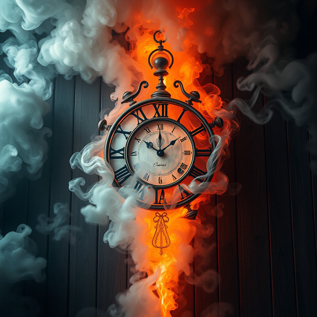 Ethereal Smoke Clock on Wooden Wall: Fantasy Art