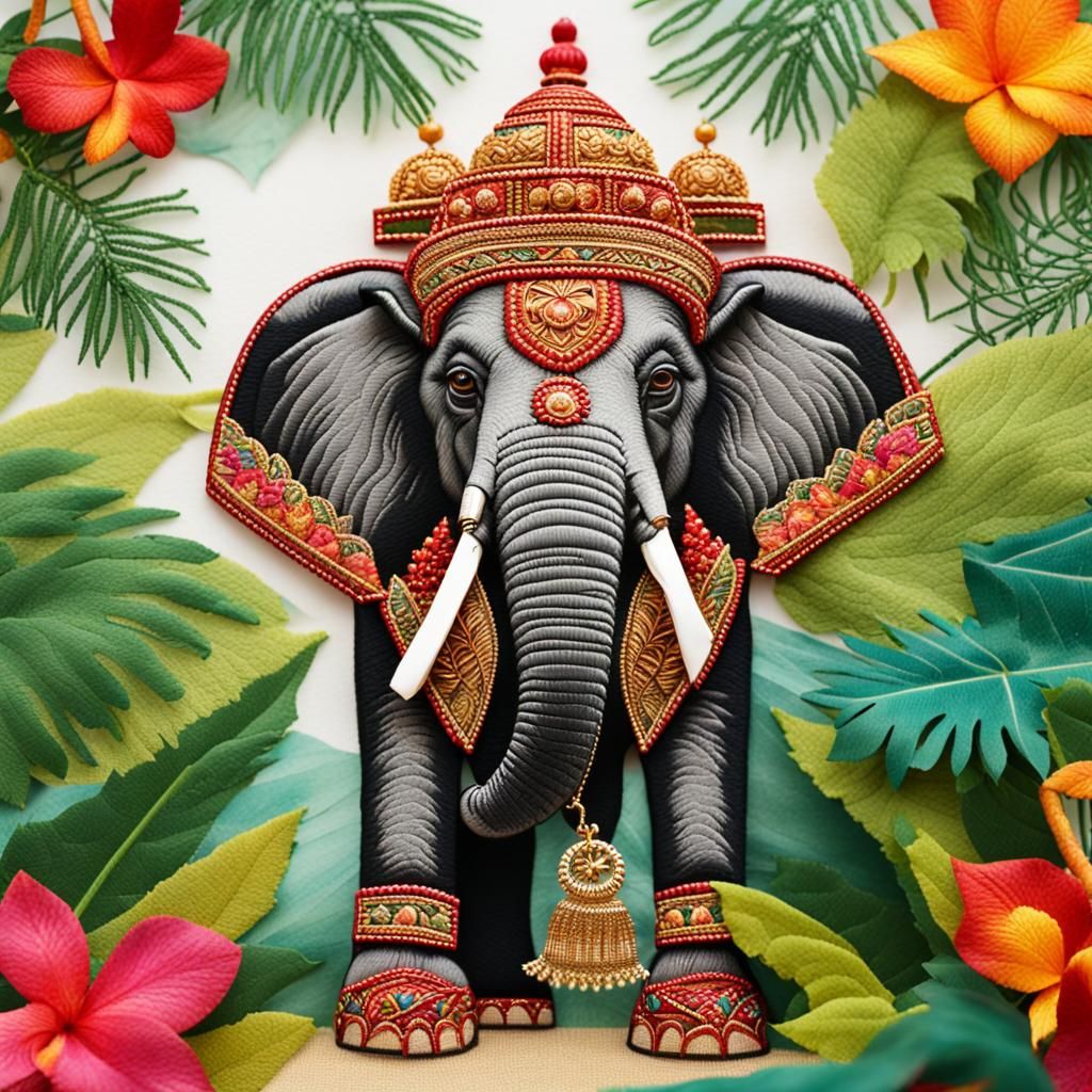 An embroidery of an Indian elephant with a highly detailed colourful palanquin on his back, background of tropical Asian...