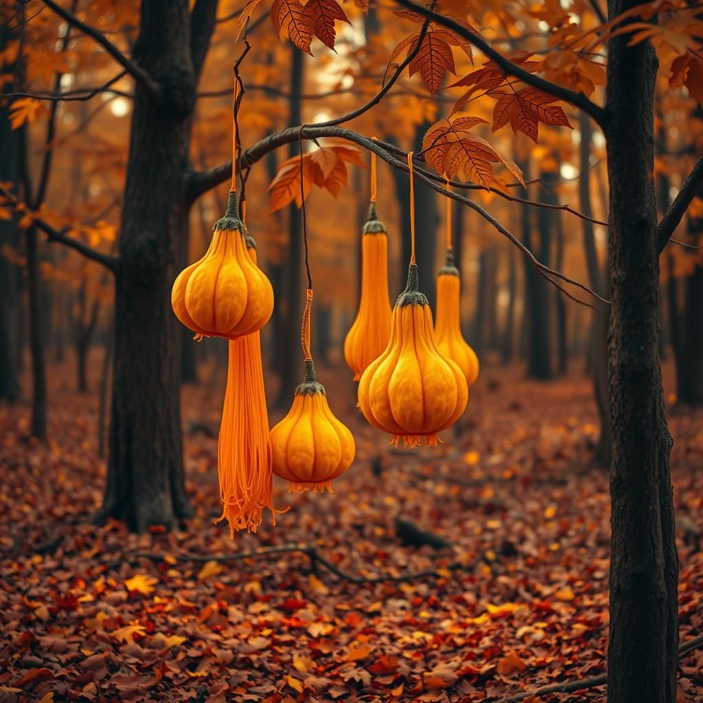 Surreal Autumn Forest with Spaghetti Gourds