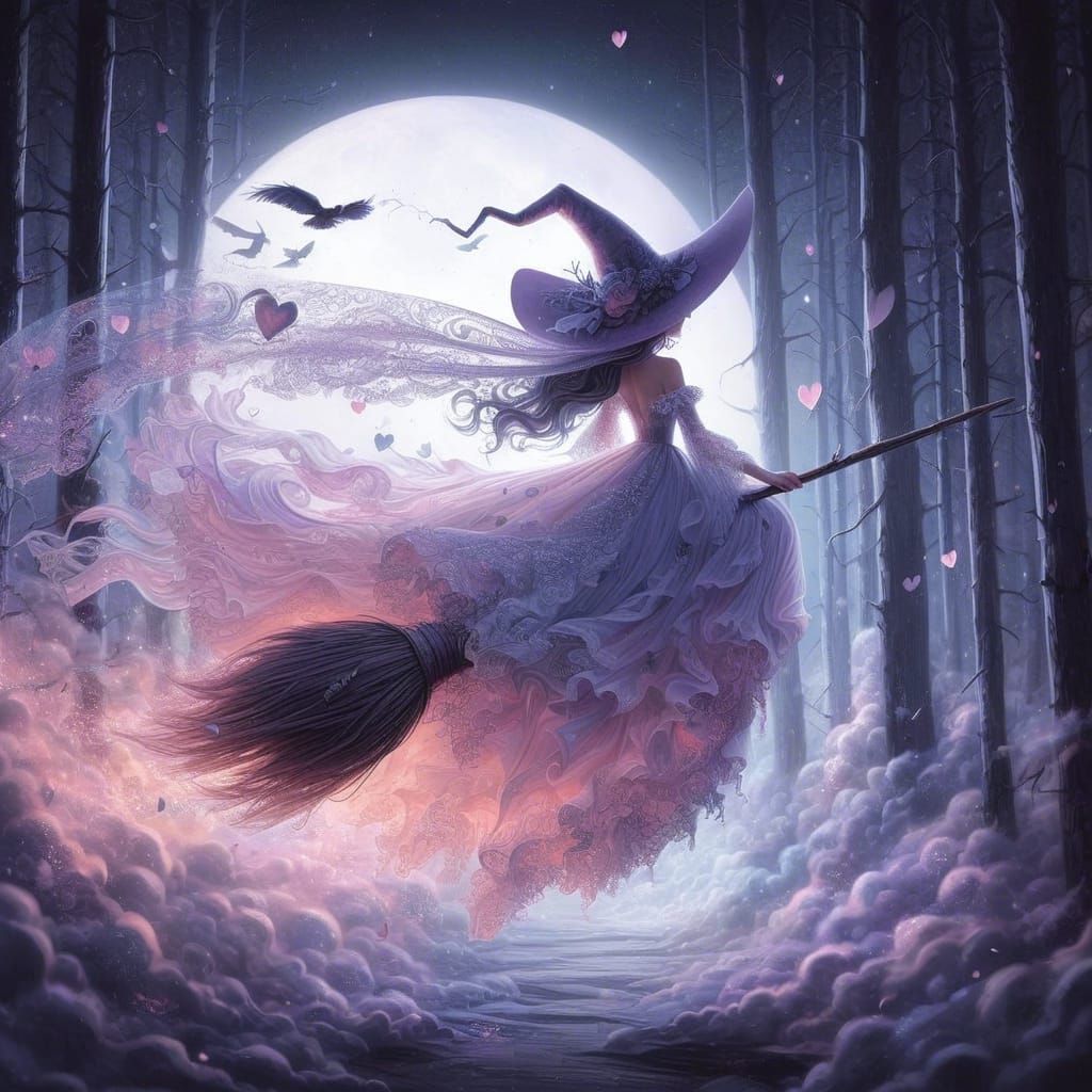 Whimsical Witch Bride Flying Through Forest