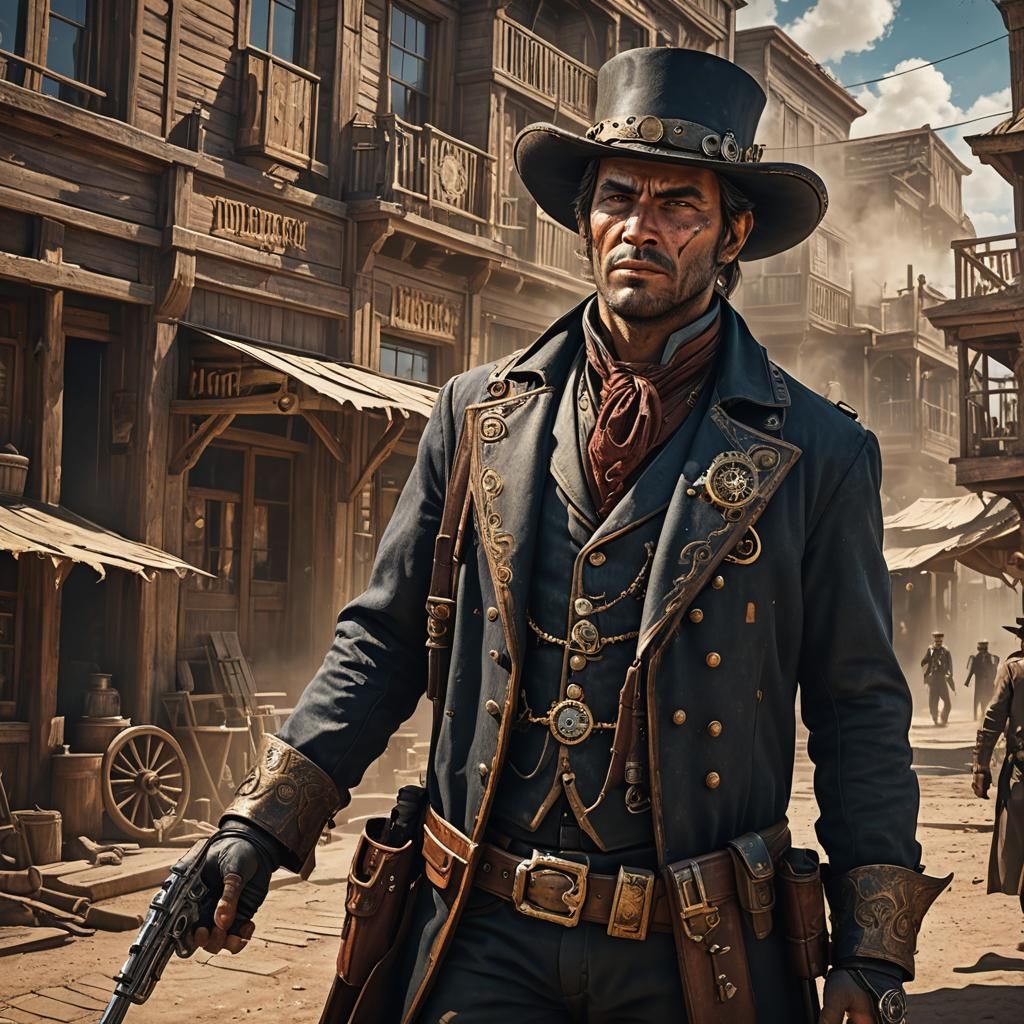 Steampunk Gunslinger in Old Western Village