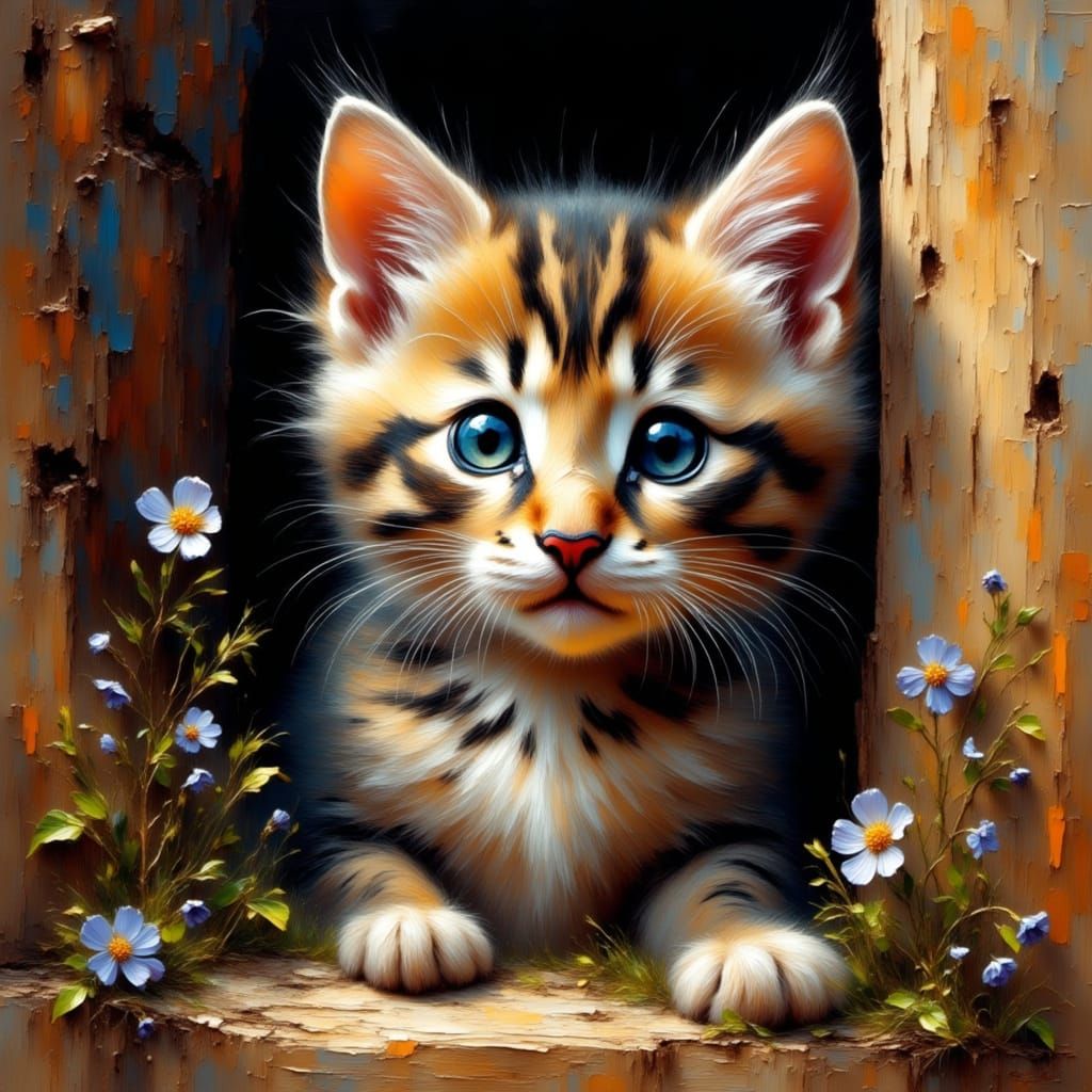 Curious Kitten Peeking From Barn Door in Impasto Style