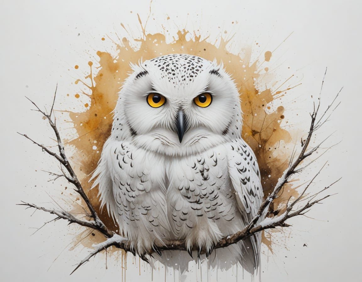 Snowy Owl on Branch in Painterly Realism
