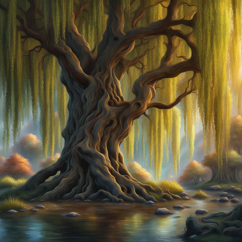 Detailed Oil Painting of a Fantastical Willow Tree