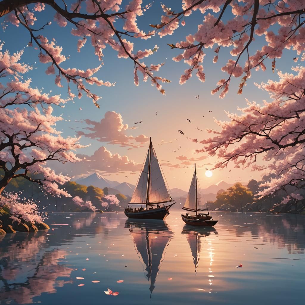 Sailboat with Cherry Blossoms at Sunset: Anime Style