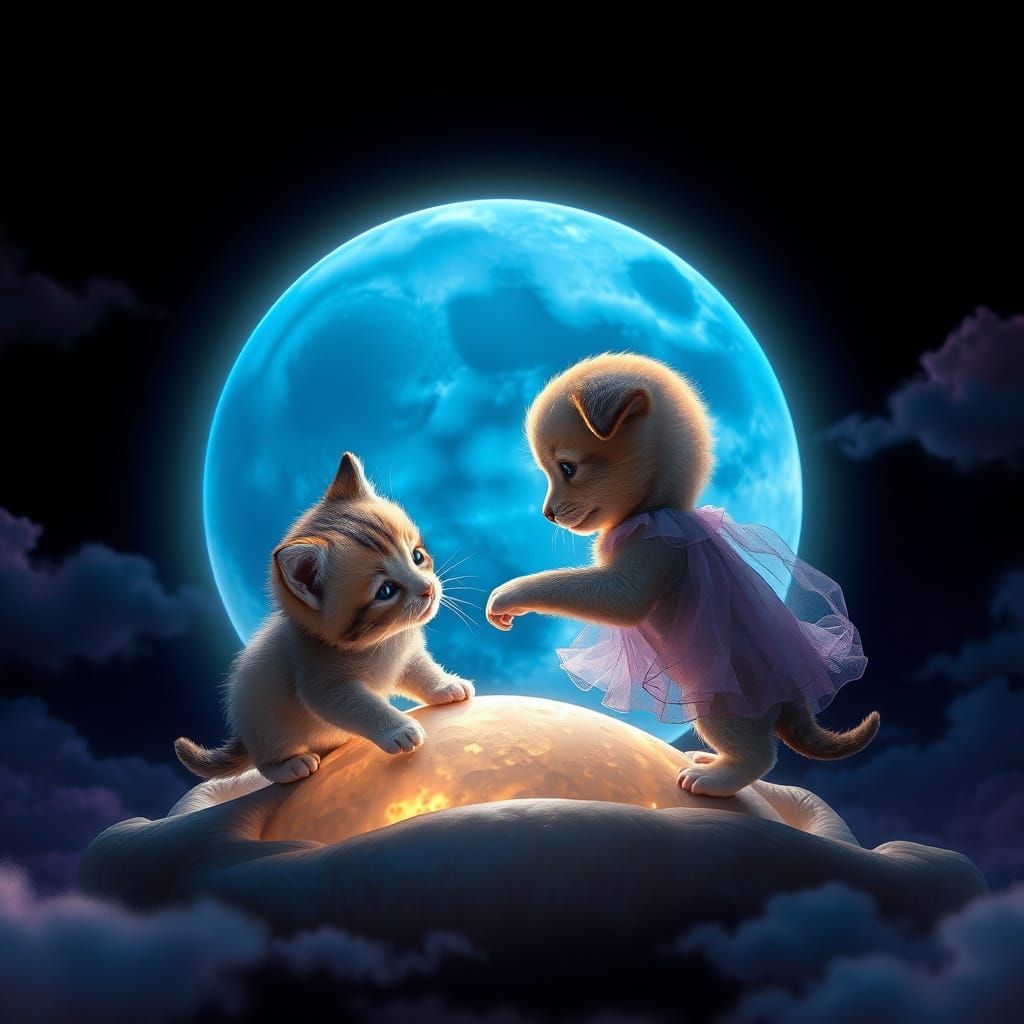 Kitten and Puppy in Whimsical Lunar Wonderland