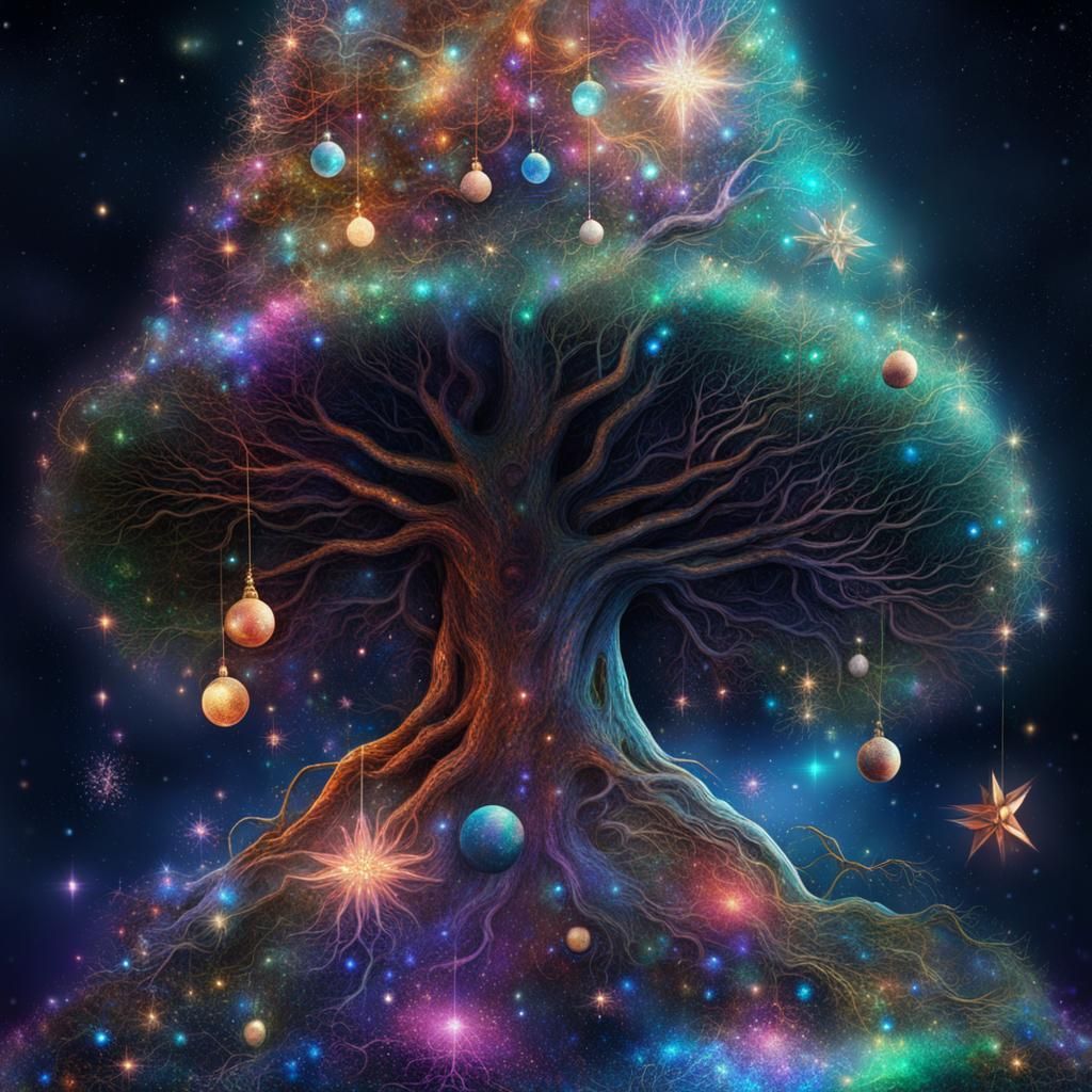 Cosmic Christmas Tree: Holographic Astral Illustration