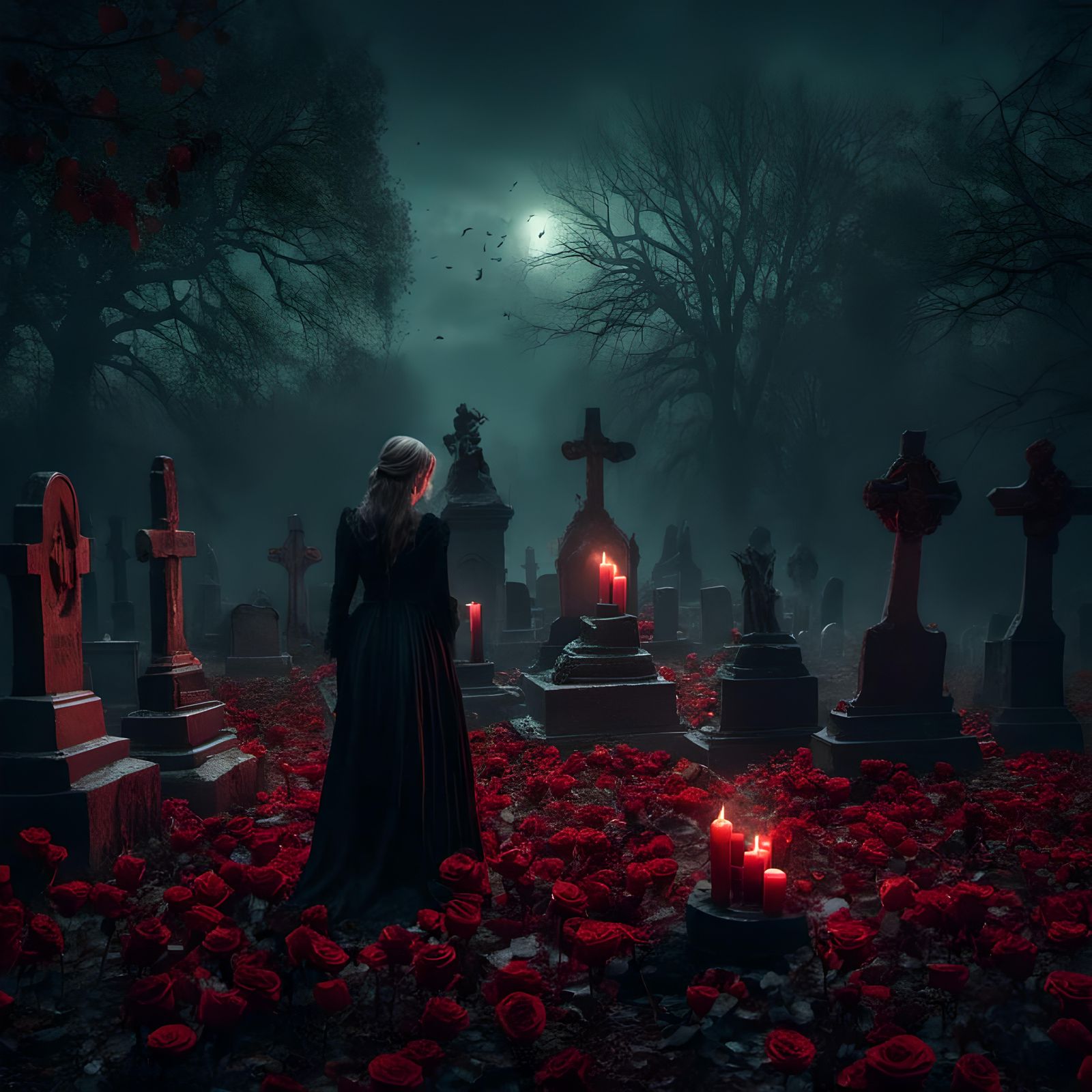 Foggy Graveyard with Ghostly Apparitions, Macabre Painting