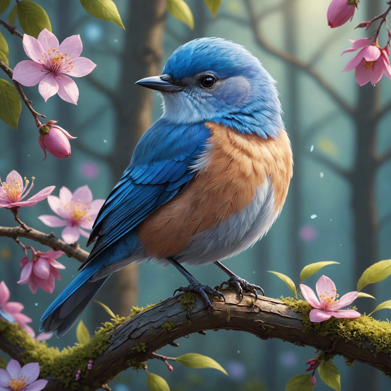 Chibi Eastern Bluebird in Blossoming Forest, Pastel Art