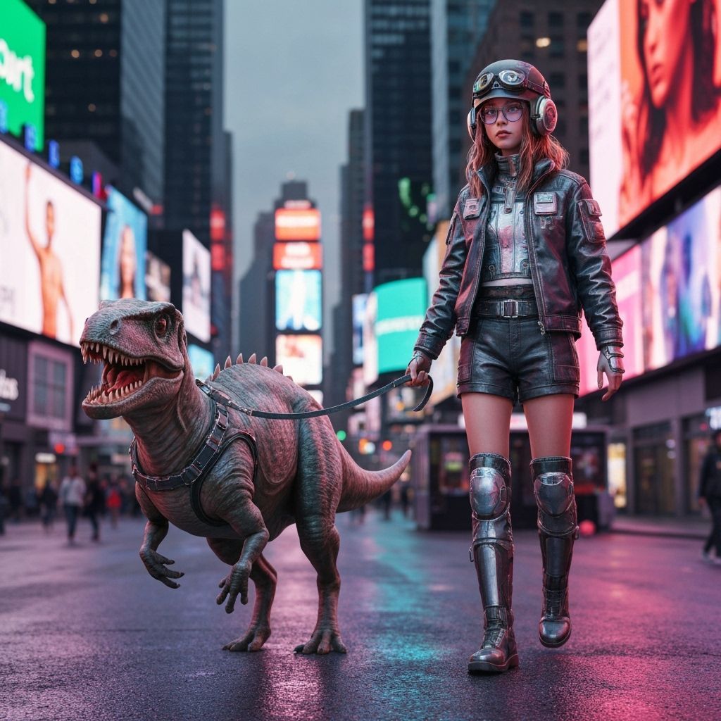 Girl Leads Dinosaur Through Cyberpunk Times Square