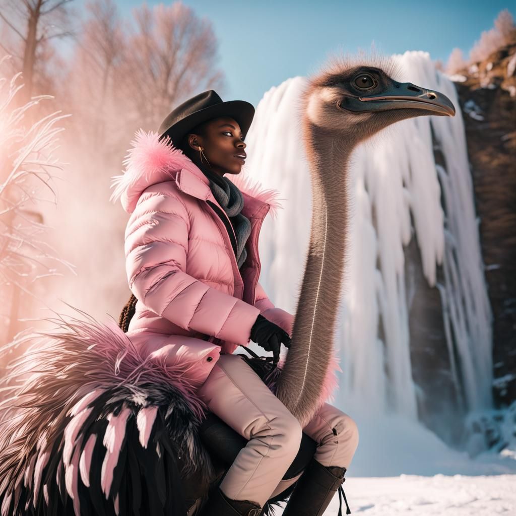 Cowgirl Rides Ostrich Through Icy Wonderland