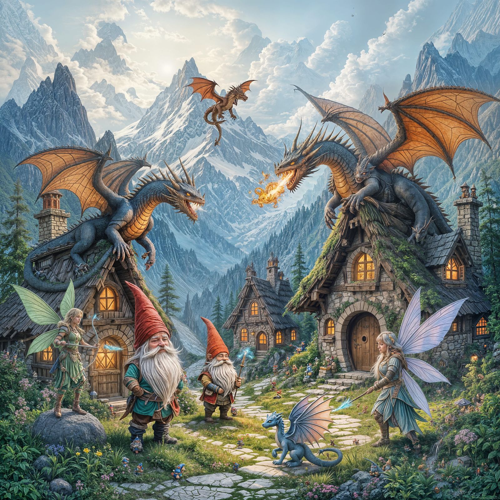 Gnome Village Defended by Fairies Against Dragon Invasion