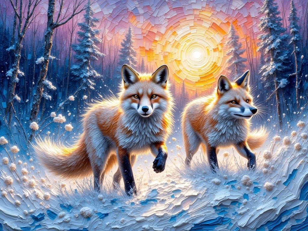 Impasto Foxes in Snowy Forest Twilight
