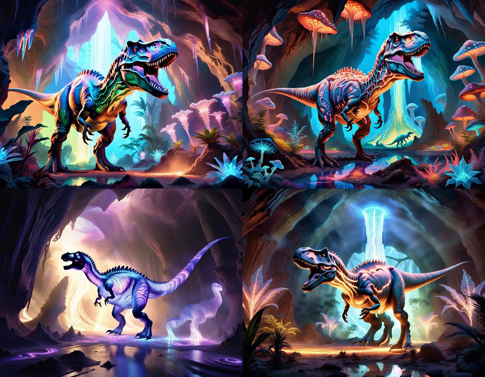 Ethereal Light Dinosaur in Bioluminescent Cave