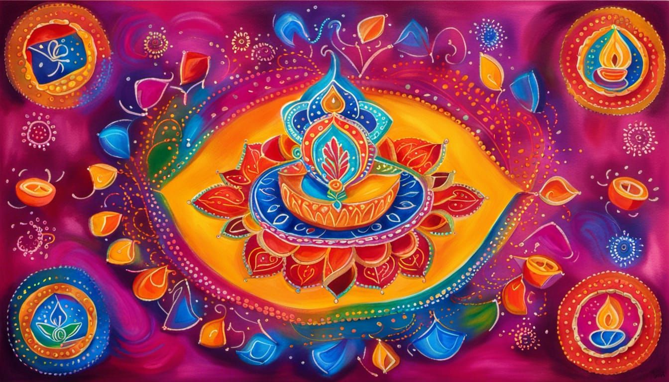 Diwali Rangoli and Diyas in Gouache Style
