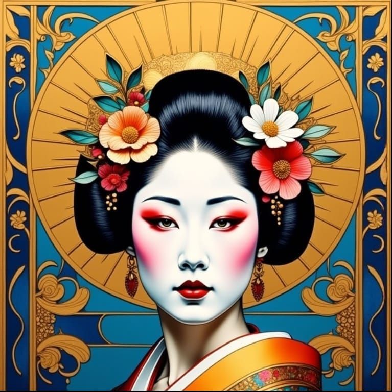 Geisha with Flower Crown in Neo-Impressionist Style