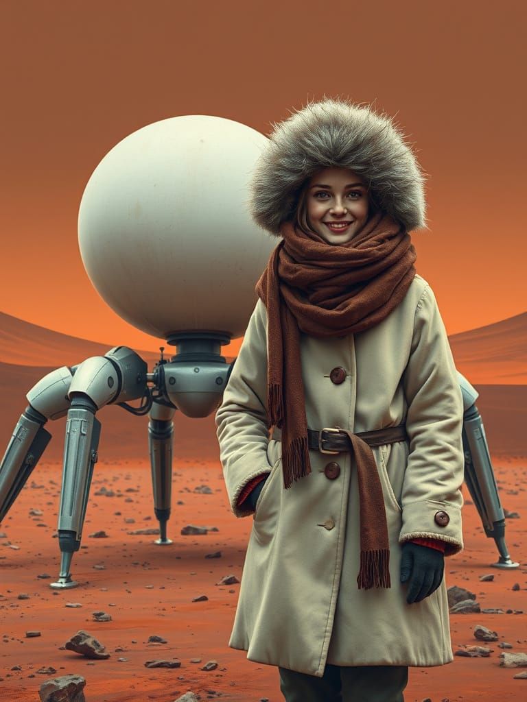 Dark Fantasy Oil Painting of Soviet Woman and Robot on Mars