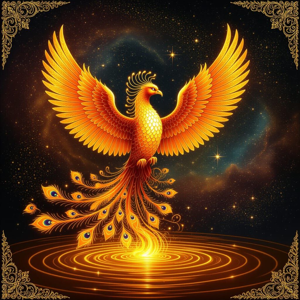 Majestic Phoenix Rises From Liquid Gold in Cosmic Nebula