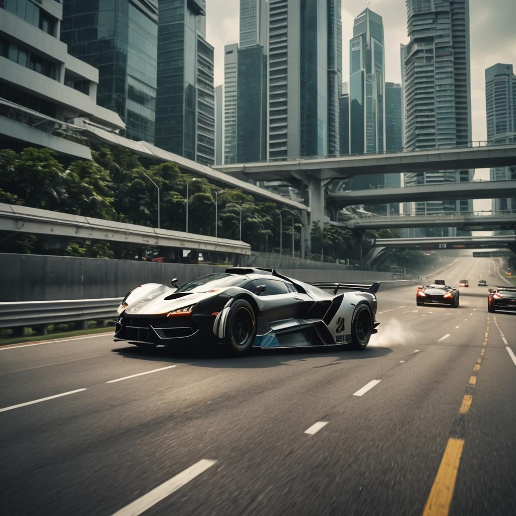 Futuristic Car Race in Singapore: Cinematic Film Still