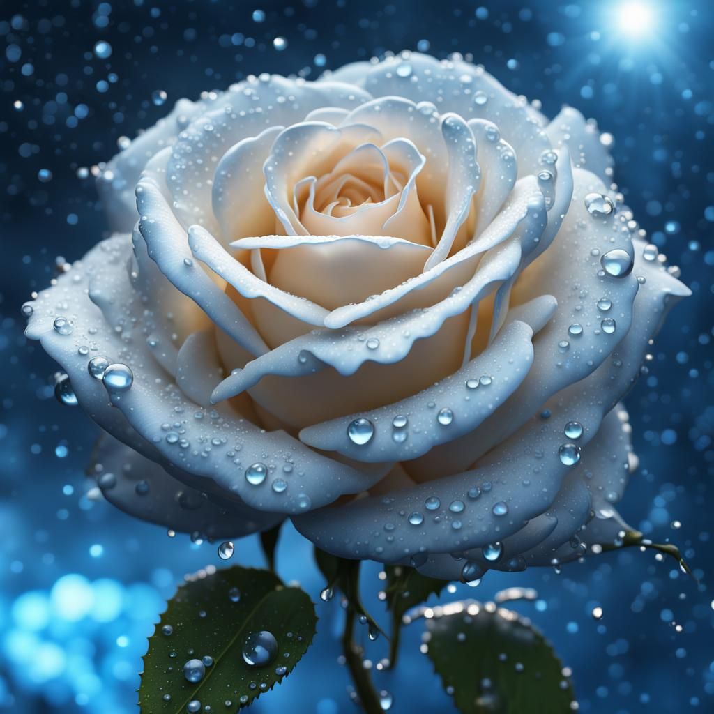 White Tea Rose with Dew in Starry Night