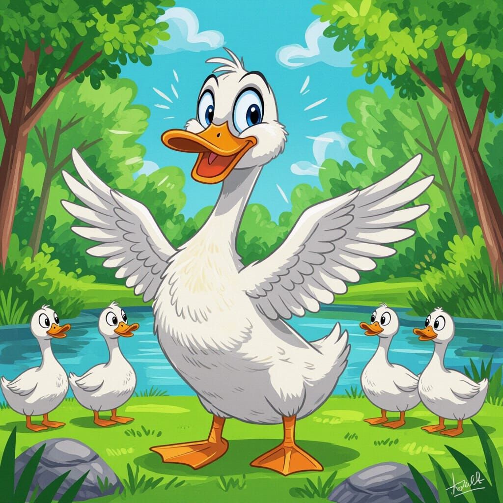 Funny Duck Poses as Swan in Caricature Style