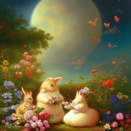 Whimsical Rabbits in Lush Meadow: Digital Illustration