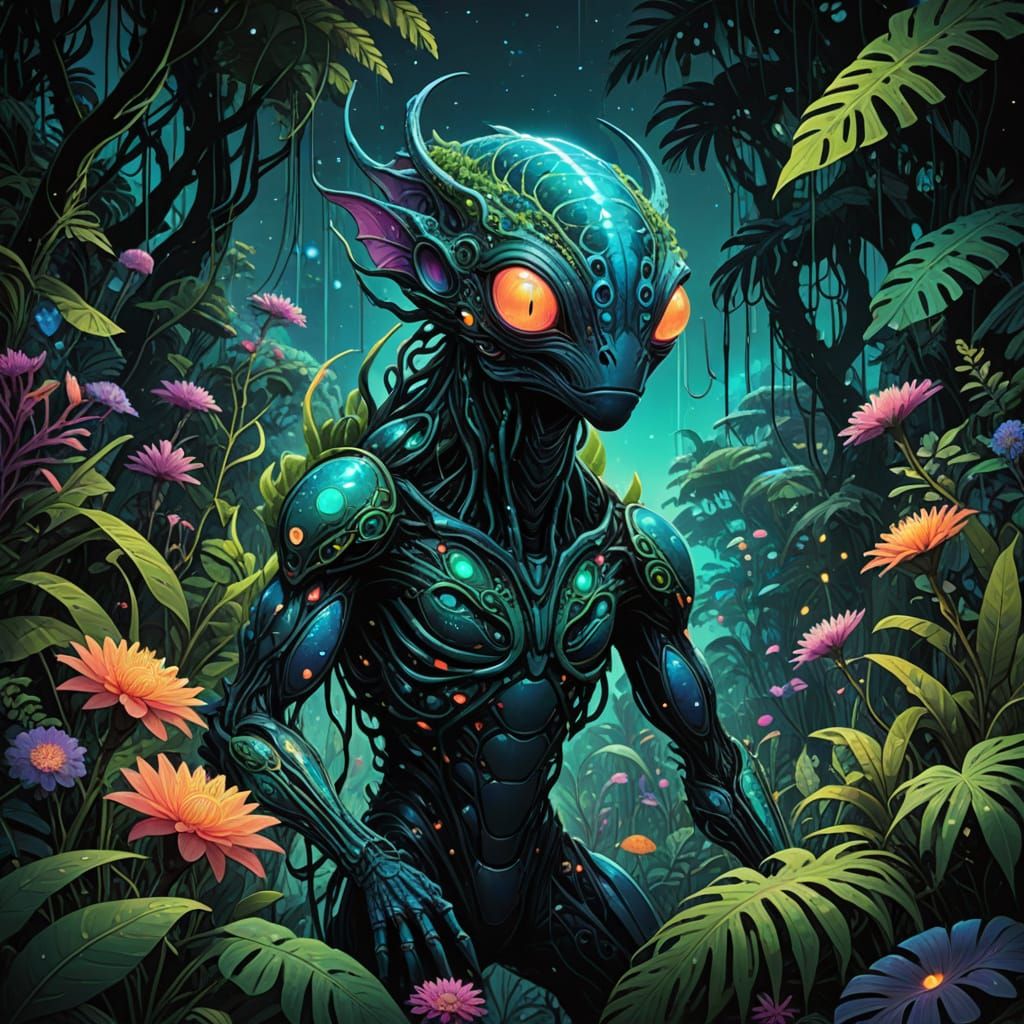 Bioluminescent Alien Creature in Jungle Canopy