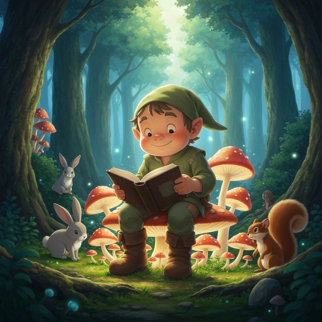 Gnome Reading Book in Whimsical Ghibli Forest