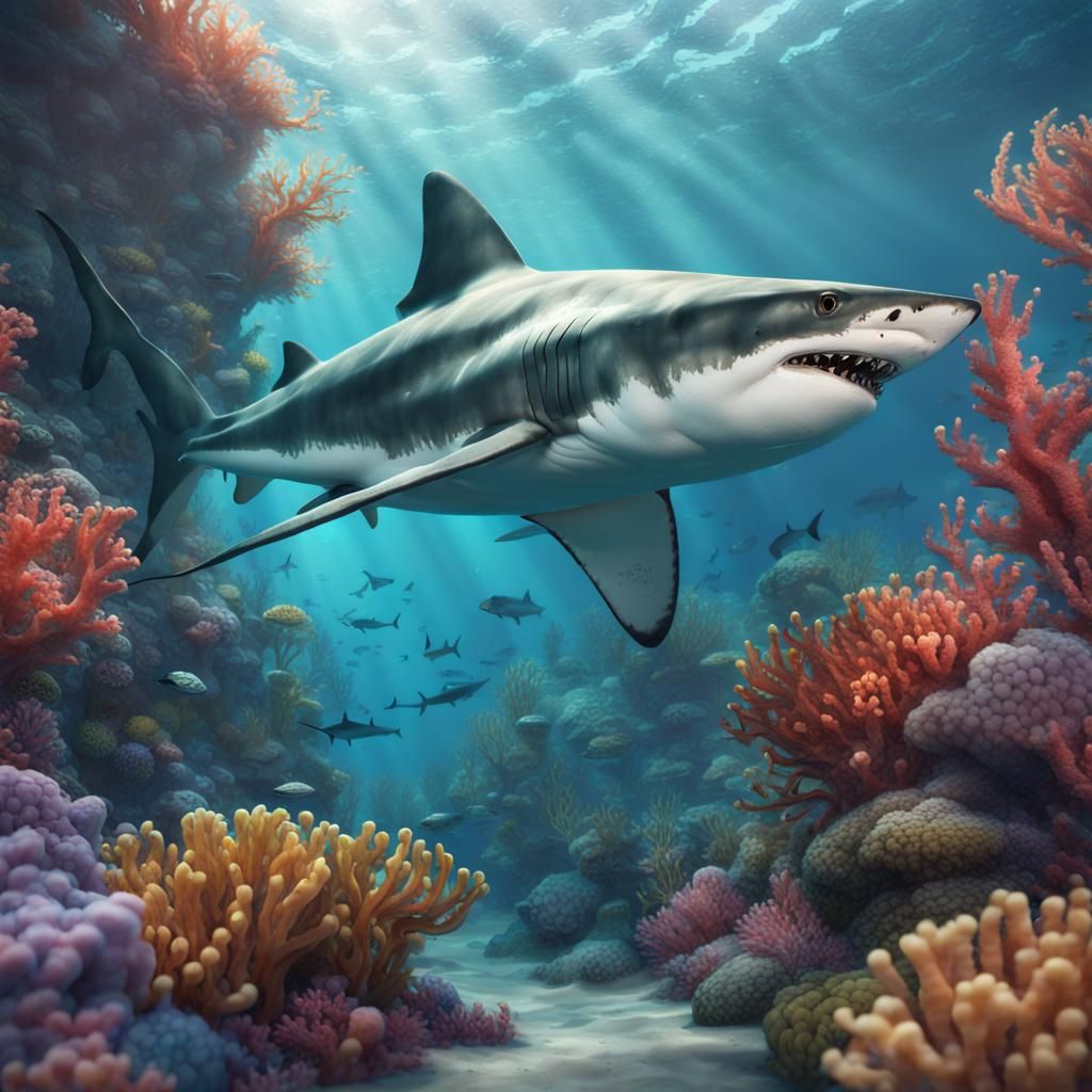 Watercolor Shark Swimming Above Coral Reef