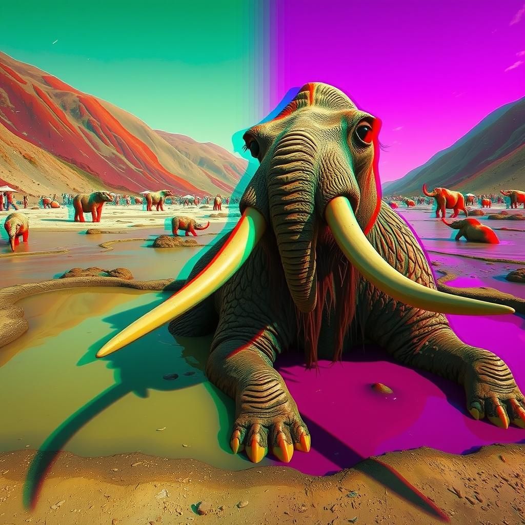 Mastodon in La Brea Tar Pits: Stereoscopic View