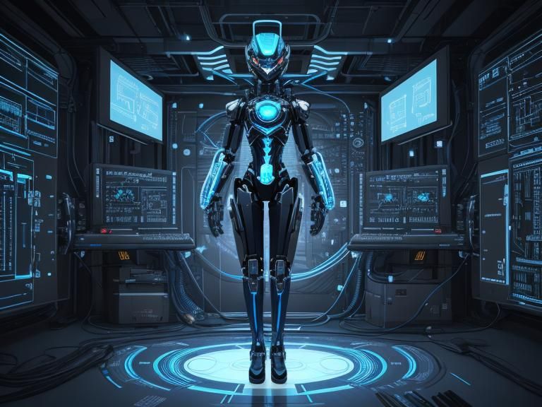 Humanoid Robot Blueprint in Cyberpunk Style