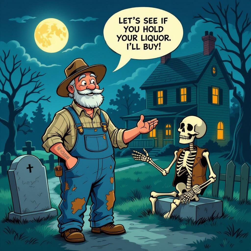 Grave Digger Invites Skeleton to Tavern in Moonlit Cemetery