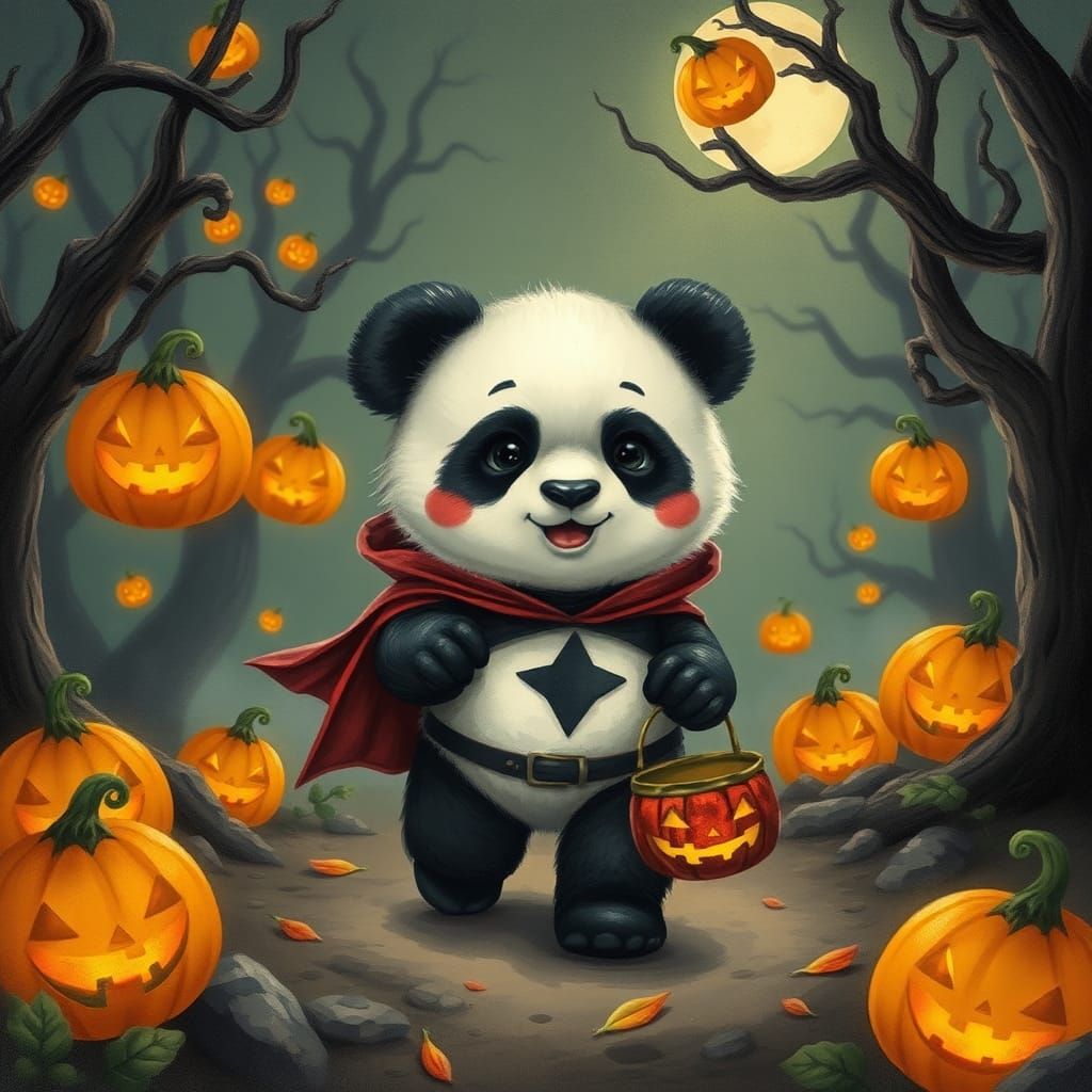 Panda Superhero in Haunted Halloween Forest