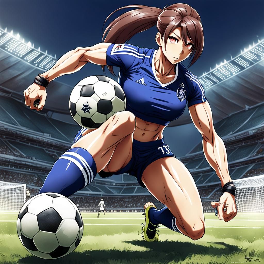 Muscular Girl Plays Soccer in Anime Style