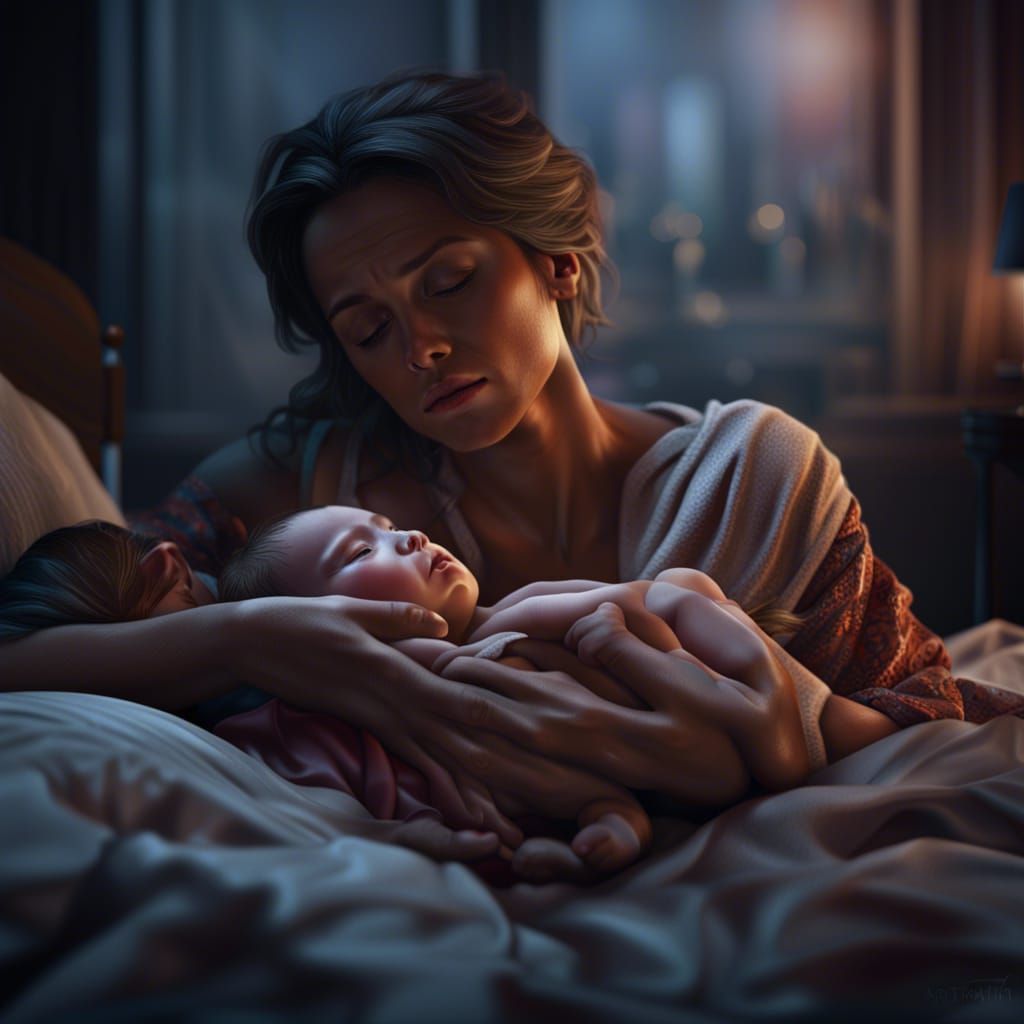 Realistic Exhausted Mother with Newborn Baby