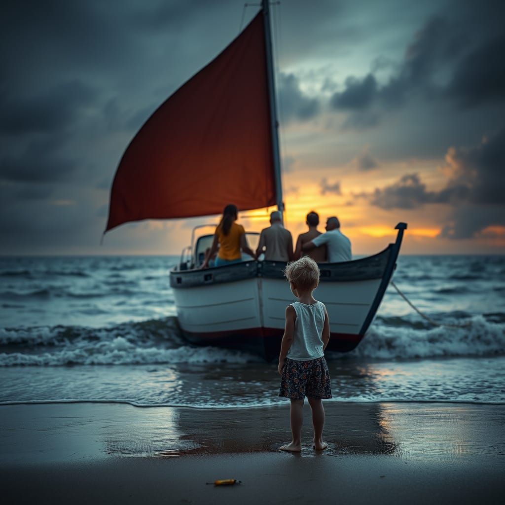 A Young Boy Left Alone on the Beach, Hopeful of Family's Ret...