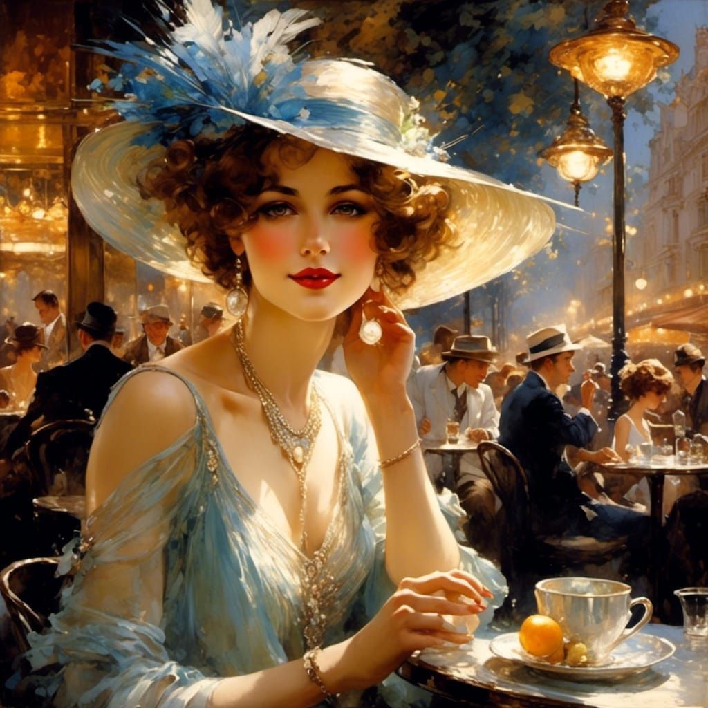 Elegant 1920s French Woman in Cafe, Hyperreal