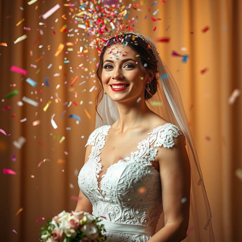 Bride in Confetti Cannon Blast: Hyperrealistic Wedding Photo