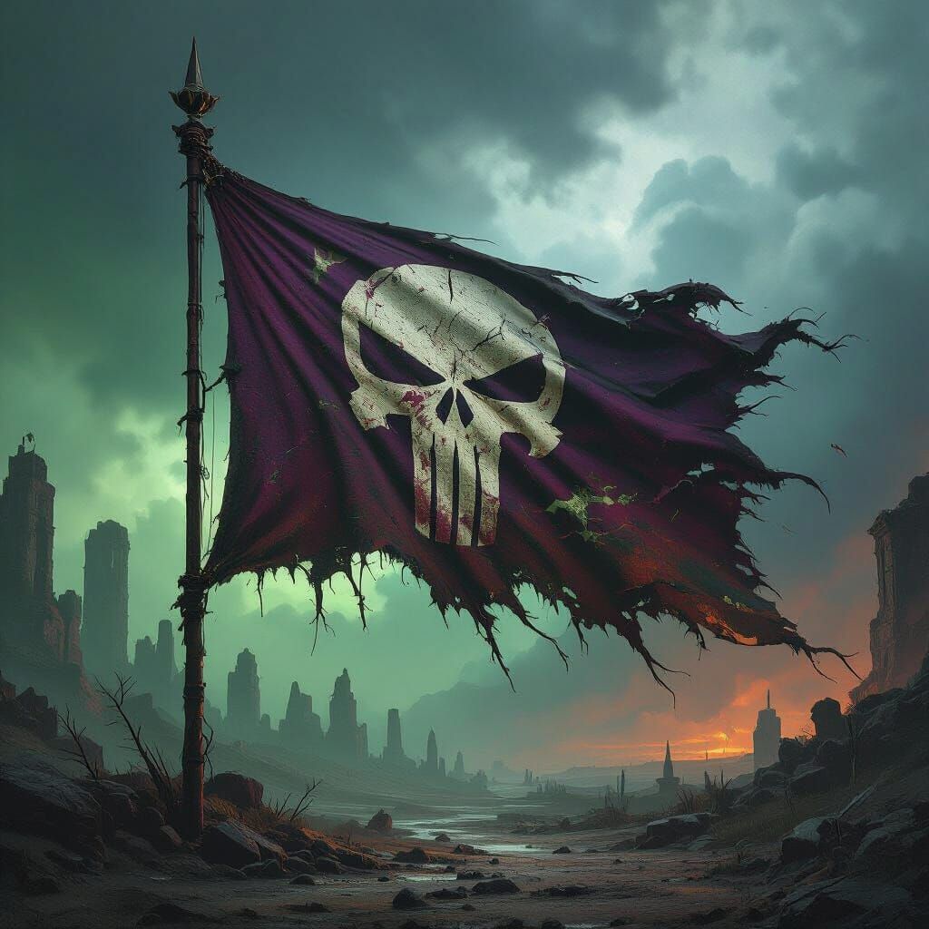 Dirty Orc War Flag in Stormy Fantasy Landscape