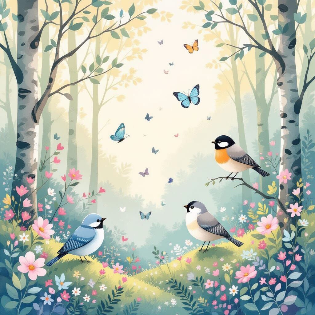 Pastel Fantasy Forest with Birds and Butterflies