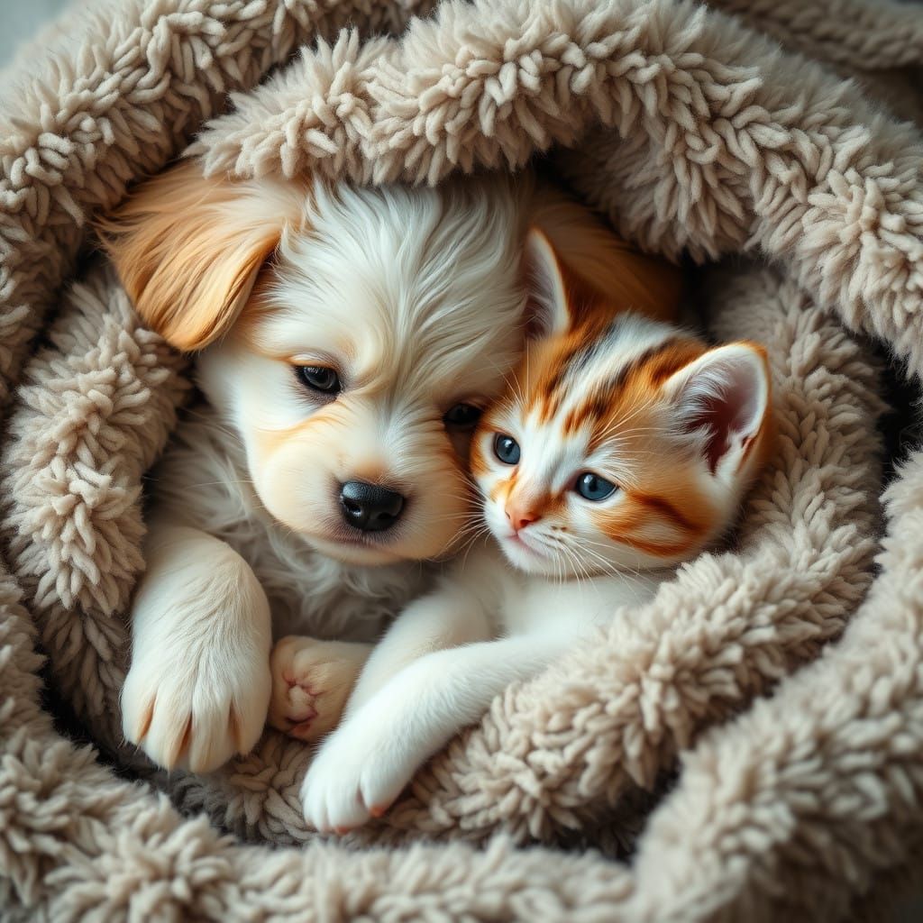 Cozy Feline Canine Duo in Warm Ambiance