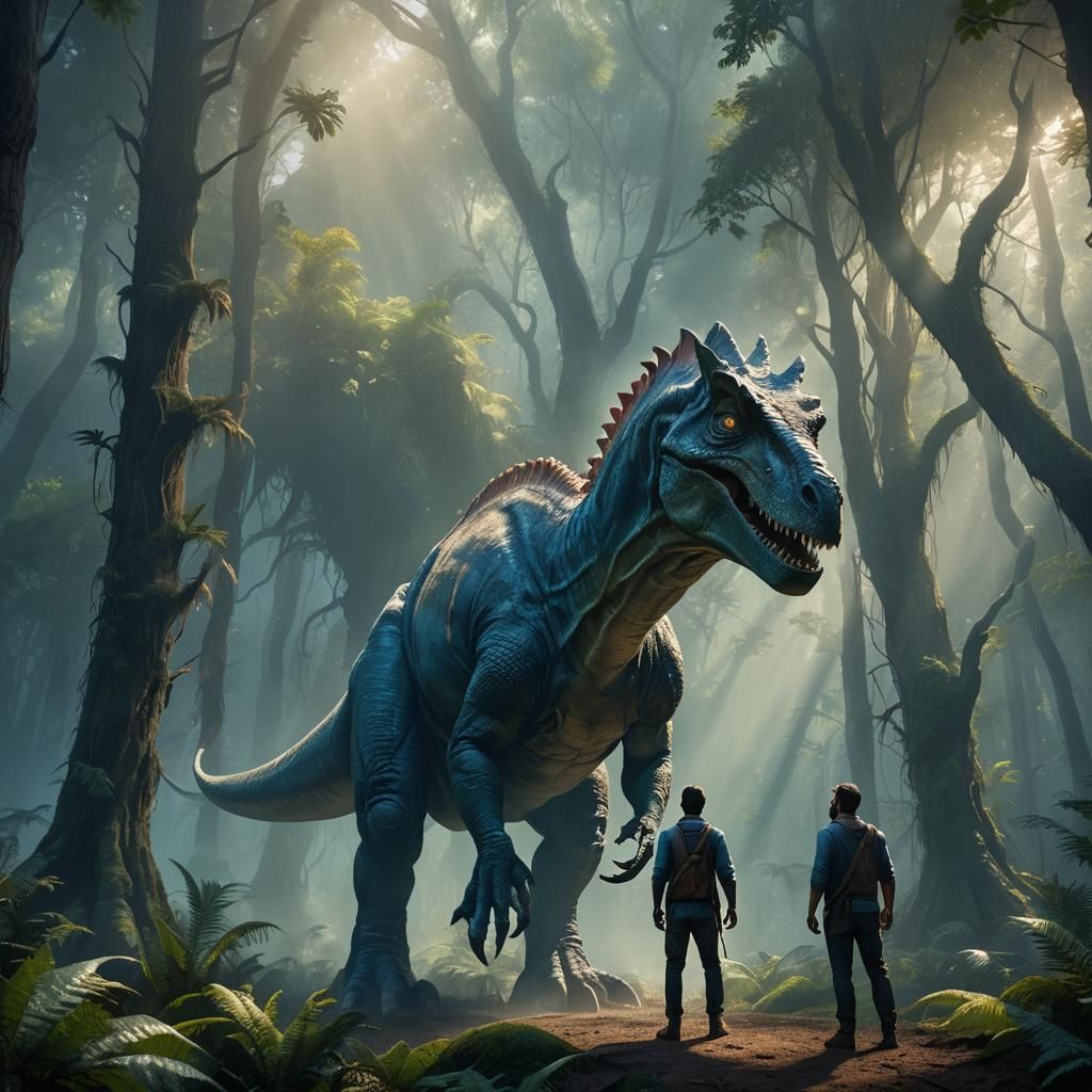 Dinosaur and Man in Mystical Forest Concept Art