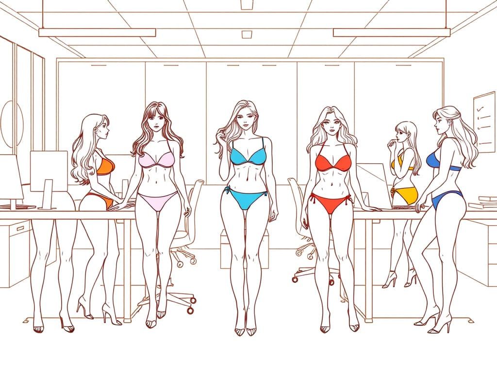 Women in Bikinis Working in a Minimalist Engineering Office