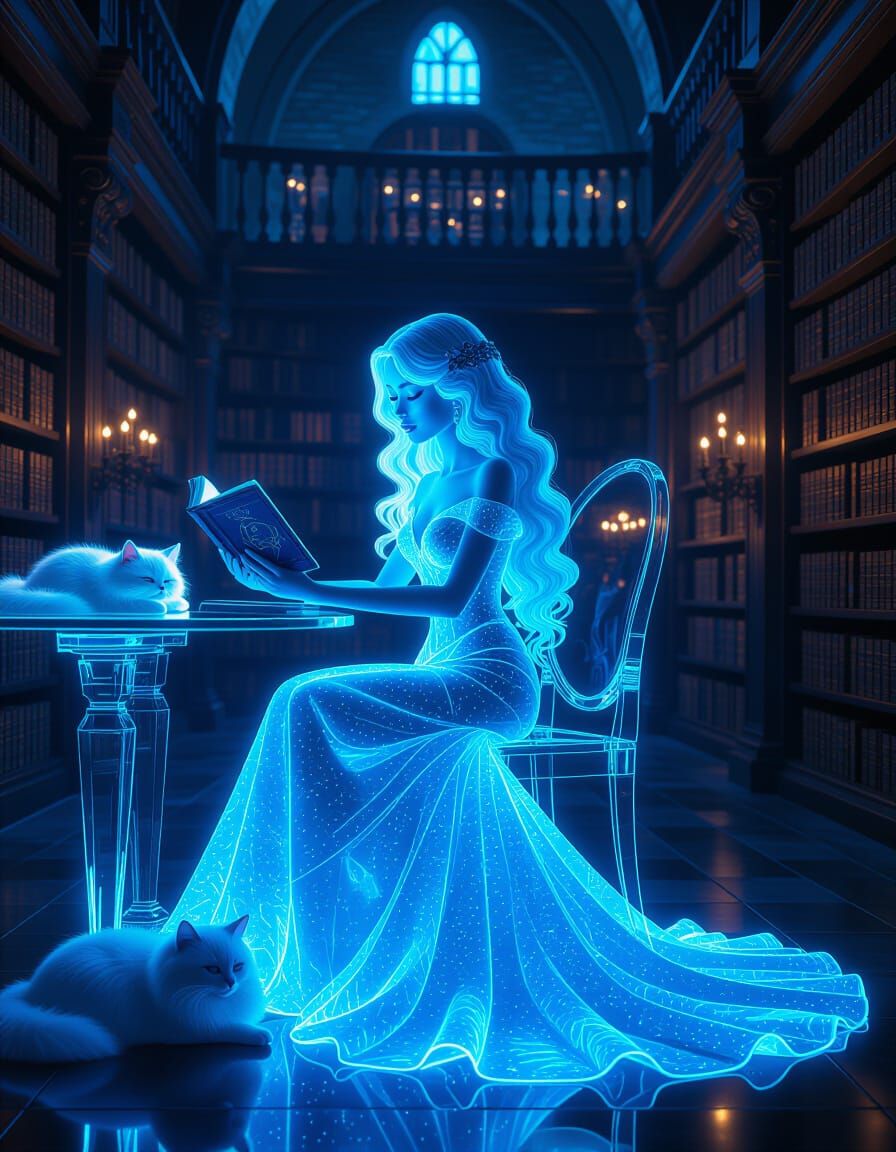 Glowing Glass Girl in Dreamlike Library, Hyperrealistic Art