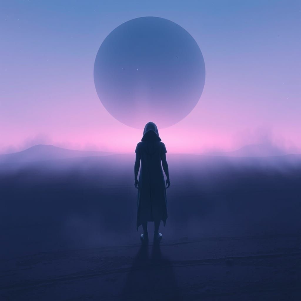 Contemplative Figure in Surreal Landscape, Digital Art