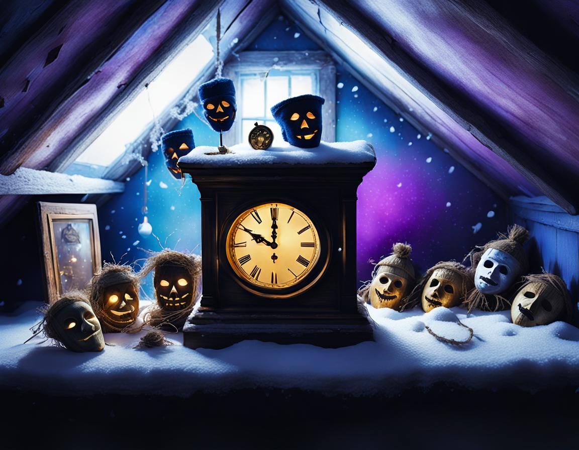 Surreal Attic Scene with Masks in Digital Art