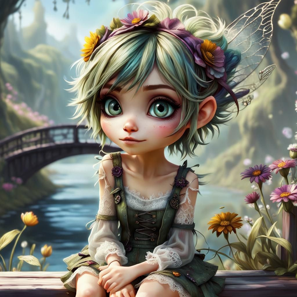Whimsical Punky Pixie in Forest, Digital Art