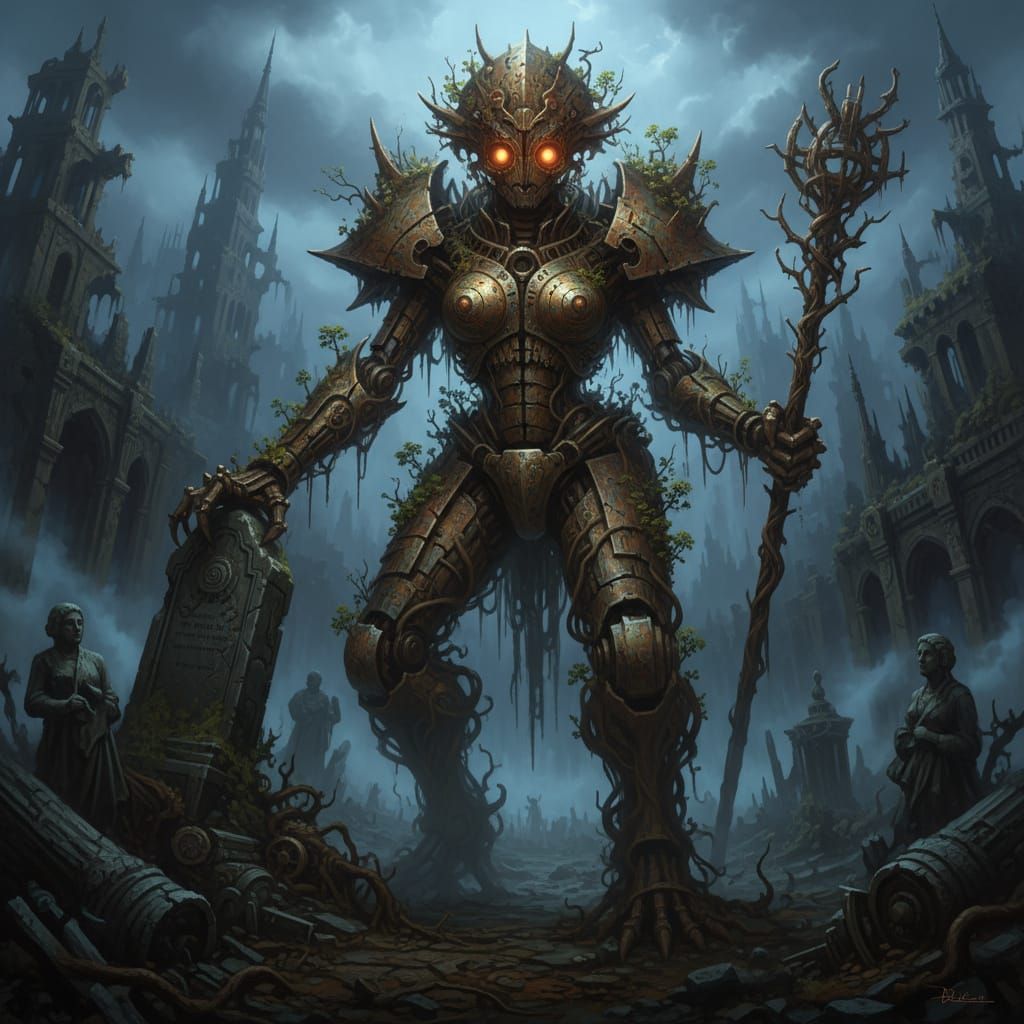 Ancient Automaton Monster Girl in Ruined City