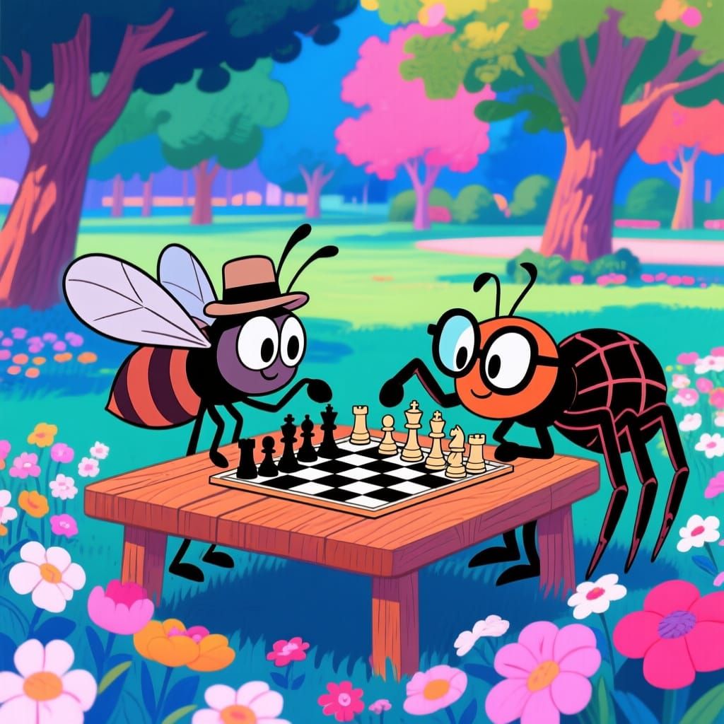 Cartoon Fly and Spider Play Chess in a Vibrant Park