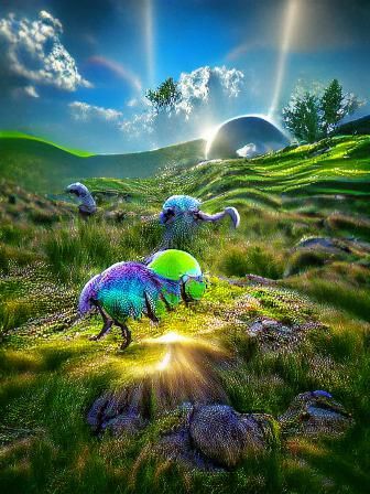 Alien Sheep in Holographic Hyperreal Alien Landscape